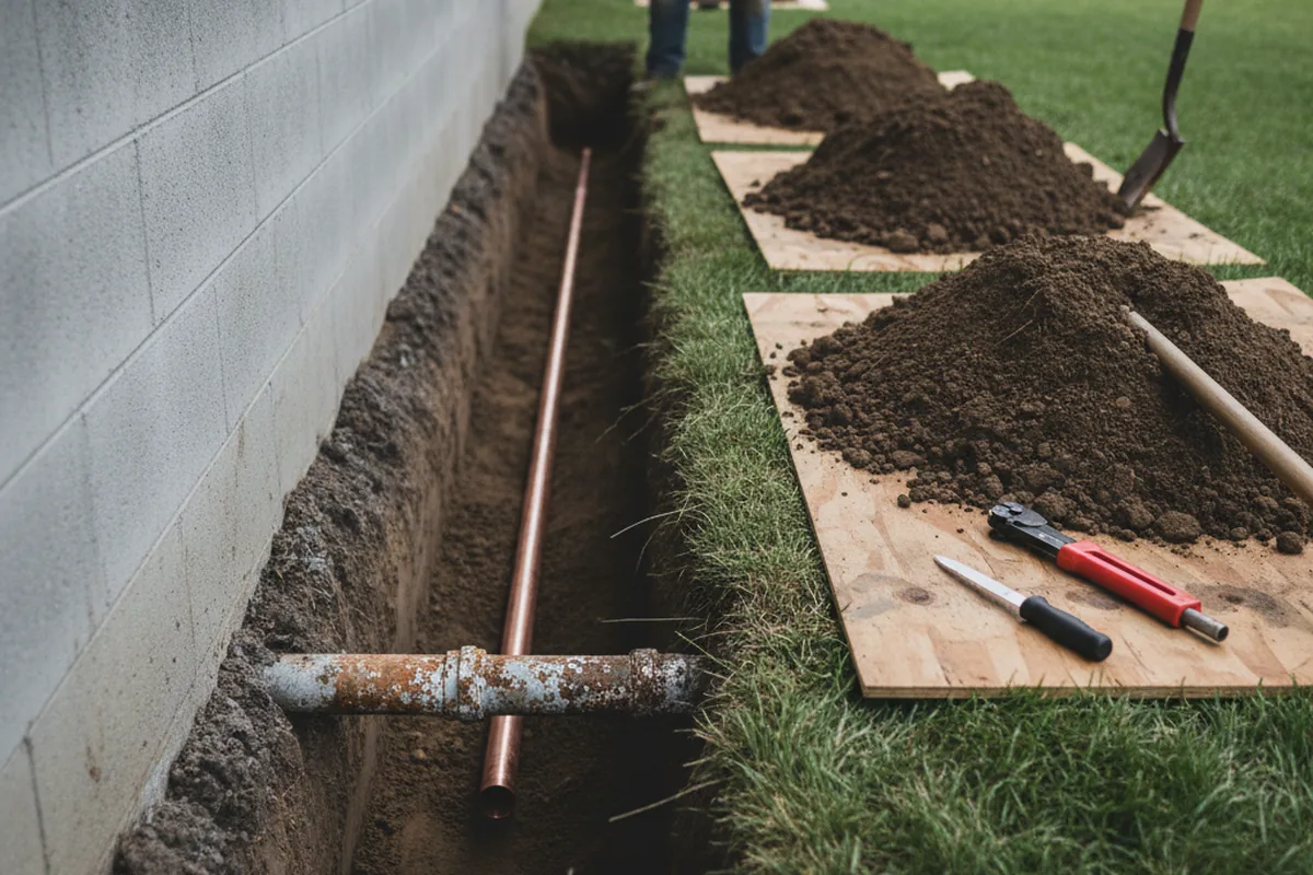 Excavated water line trench during Water Softener Installation in Contoocook
